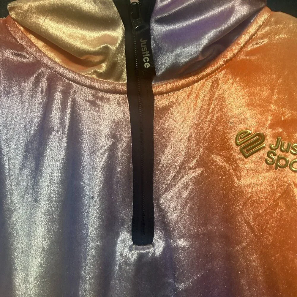 Justice Sport girl's purple orange velour half zip pullover jacket, medium